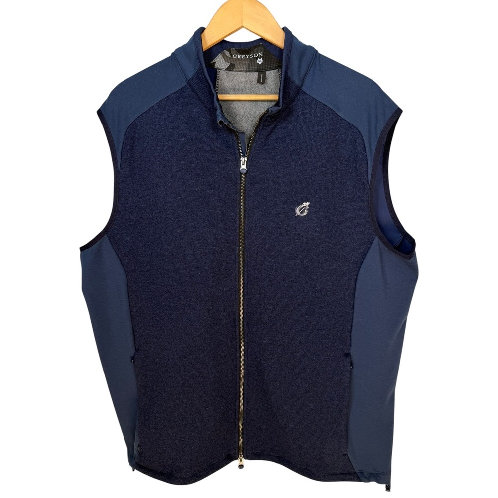 Greyson Mens Full Zip Vest XL Navy Blue Wool Blend Golf Embroidered Logo